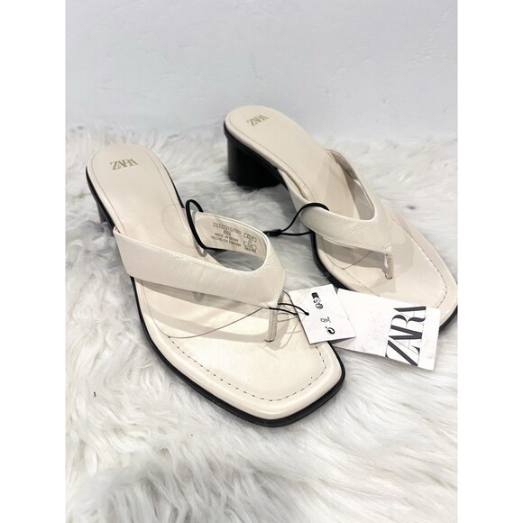 Zara Strappy Toe Block Heeled Leather Sandals Off White Thong Women US 10 EUR 41 - Picture 2 of 11